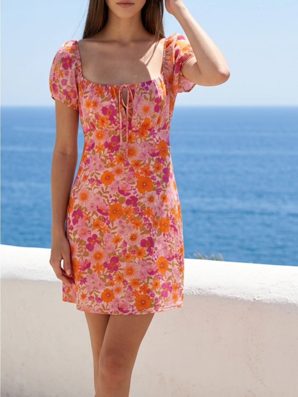 Primark Pink & Orange Floral Square-Neck Mini Dress
